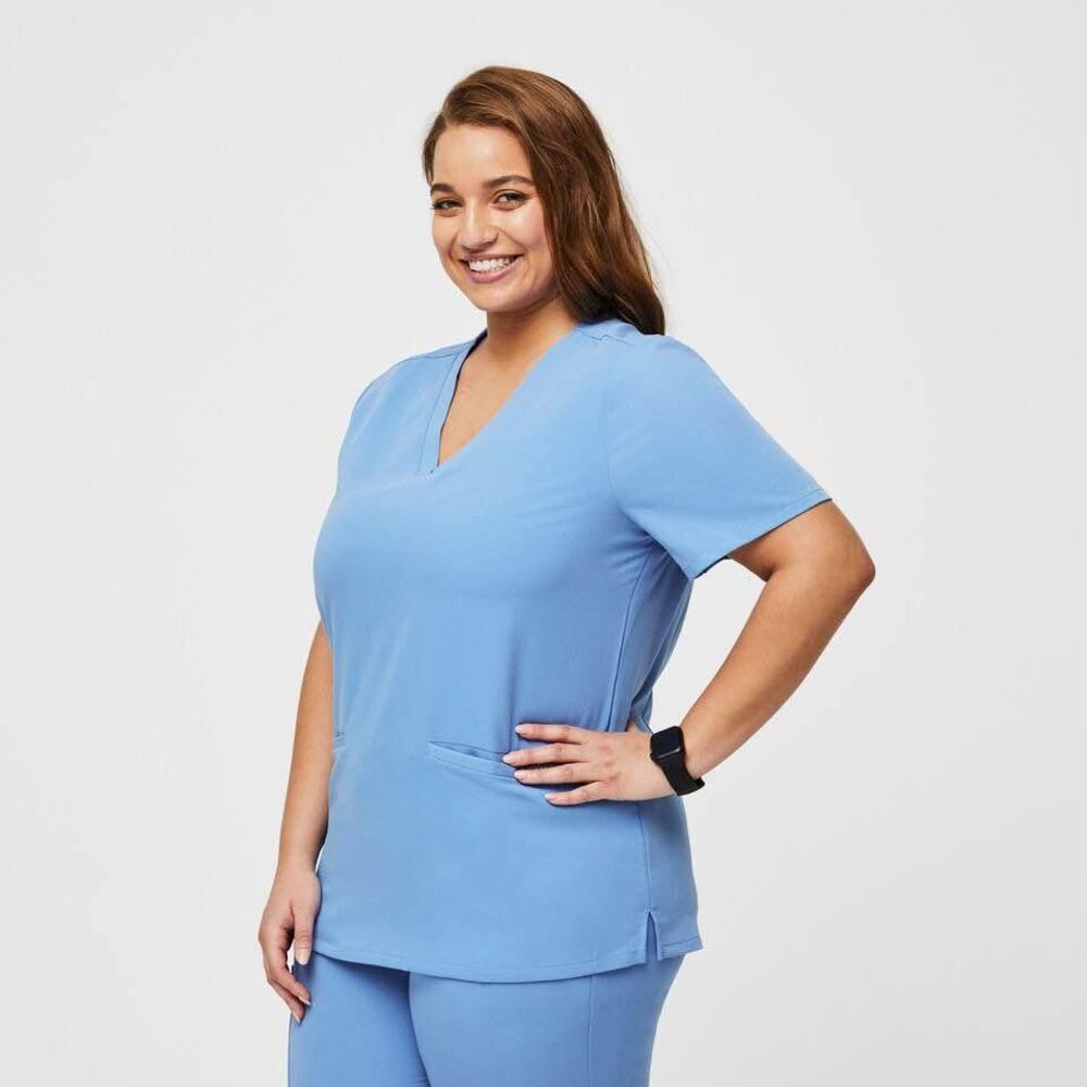 Womens Figs Casma Three Pocket Scrub Top Size XL Ceil Blue Hospital Uniform